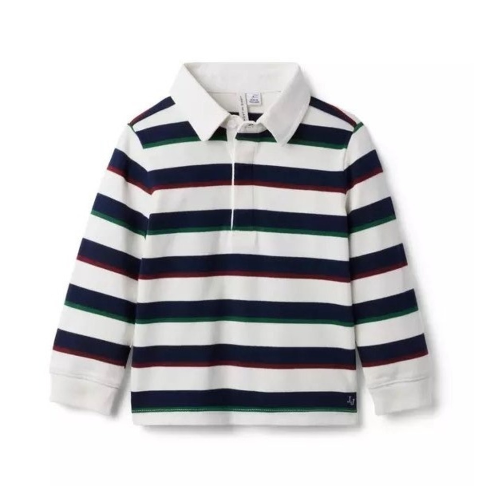 Janie and Jack Boys Striped Long Sleeve‎ Rugby Shirt White Navy Green Size 6